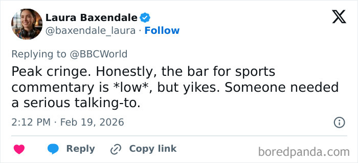 Screenshot of a social media comment criticizing sports commentary that led to Winter Olympics host resignation controversy.