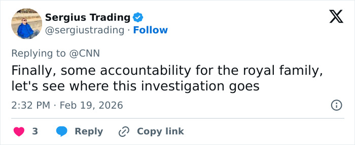Screenshot of a tweet discussing accountability for the royal family amid Prince Andrew’s arrest and impact on King Charles. Screenshot of a tweet discussing accountability for the royal family amid Prince Andrew’s arrest and impact on King Charles.