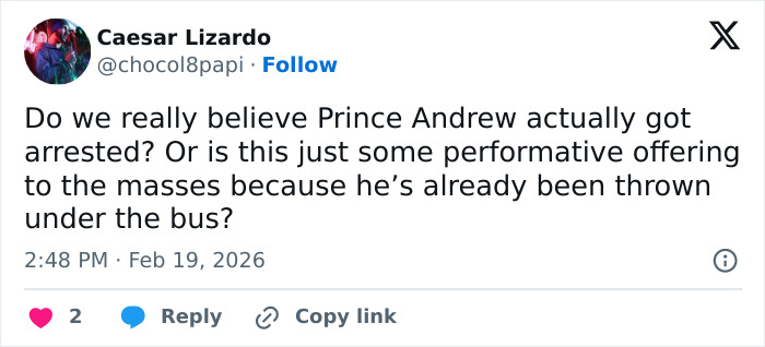 Tweet screenshot discussing Prince Andrew's arrest and the impact on King Charles from a royal expert's perspective. Tweet screenshot discussing Prince Andrew's arrest and the impact on King Charles from a royal expert's perspective.