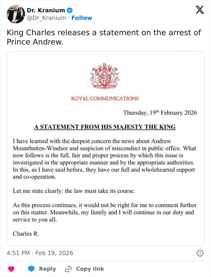 King Charles releases official statement addressing Prince Andrew arrest and its impact on the royal family and public perception. King Charles releases official statement addressing Prince Andrew arrest and its impact on the royal family and public perception.