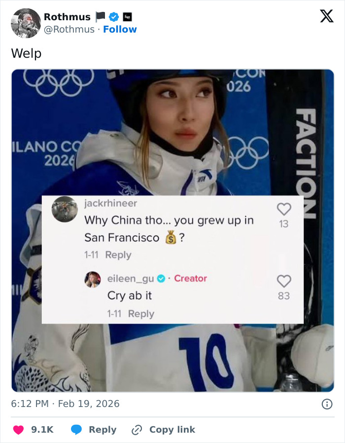 Eileen Gu in winter sports gear with social media comments sparking backlash over JD Vance’s representation remarks.