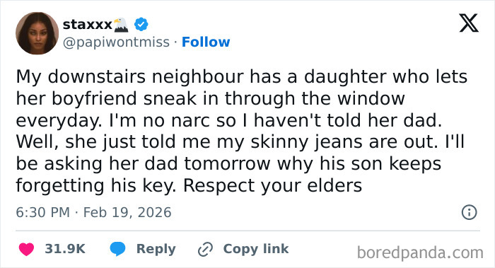 Screenshot of a chaotic and hilarious X post showing humorous neighbor drama shared to cope with humor this February.