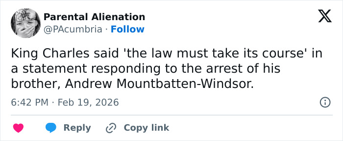 Tweet discussing King Charles's response to Prince Andrew's arrest, highlighting royal expert insights on the situation's impact. Tweet discussing King Charles's response to Prince Andrew's arrest, highlighting royal expert insights on the situation's impact.