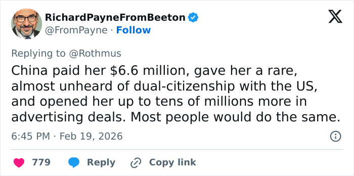 Tweet discussing Eileen Gu’s dual citizenship and advertising deals amid JD Vance’s comment backlash on the athlete’s representation.