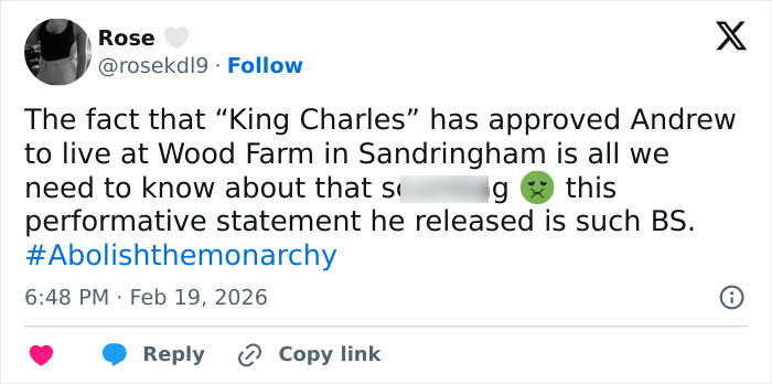 Screenshot of a tweet discussing King Charles approving Prince Andrew to live at Wood Farm, highlighting royal expert concerns. Screenshot of a tweet discussing King Charles approving Prince Andrew to live at Wood Farm, highlighting royal expert concerns.