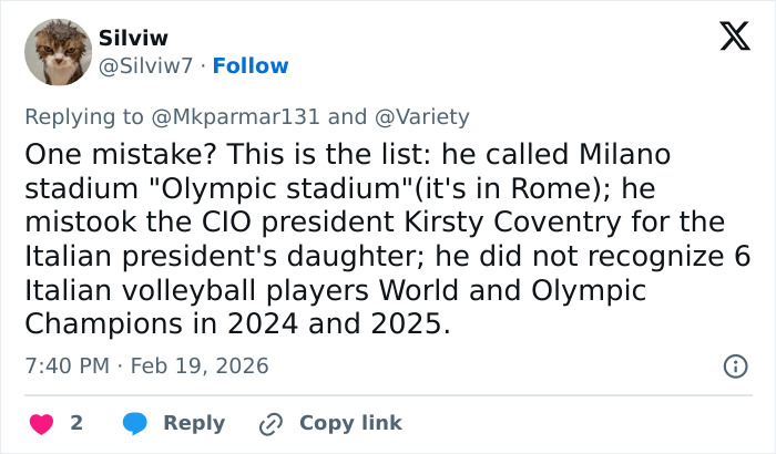 Tweet discussing Winter Olympics host&rsquo;s mistakes in commentary, leading to outrage and forced resignation.