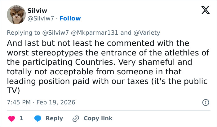 Tweet criticizing Winter Olympics host for offensive commentary about athletes, sparking public outrage and calls for resignation.