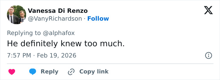 Screenshot of a tweet from Vanessa Di Renzo commenting on Peter Greene's cause of passing that stuns and confuses fans.