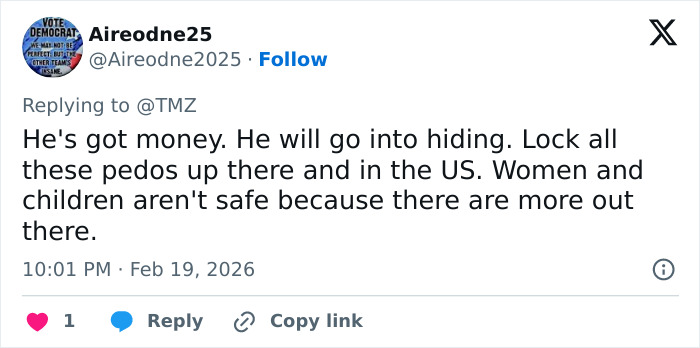 Social media post mentioning Prince Andrew after his arrest, describing a terrified look and concerns about safety.