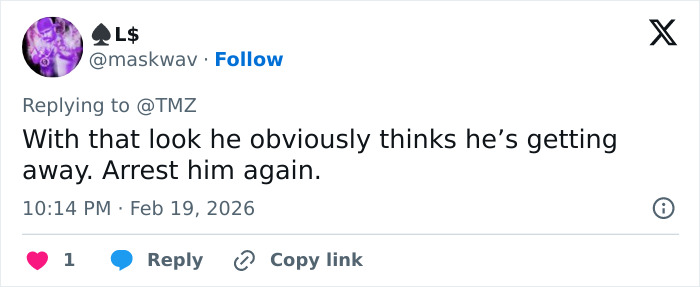 Screenshot of a tweet discussing Prince Andrew's terrified look after his arrest, calling for his re-arrest.