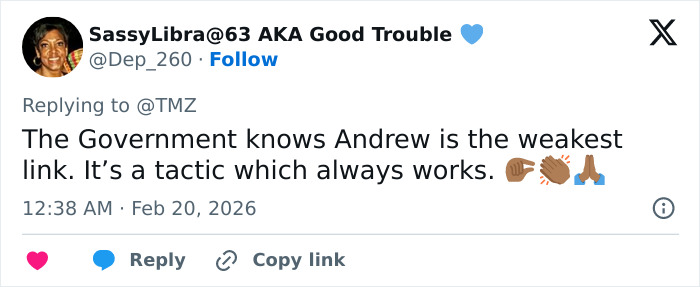 Screenshot of a social media comment discussing Prince Andrew after his arrest, highlighting a terrified look and weakness.