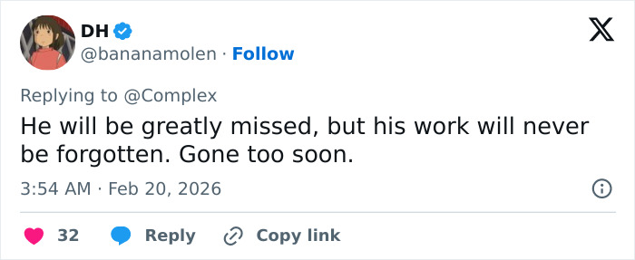 Tweet expressing sadness and tribute to Eric Dane, mentioning his legacy and fans heartbroken by his passing at 53.