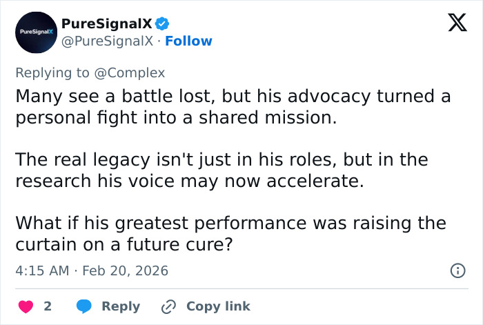 Tweet from PureSignalX reflecting on Eric Dane’s legacy and advocacy following his passing at 53, inspiring hope for a future cure.