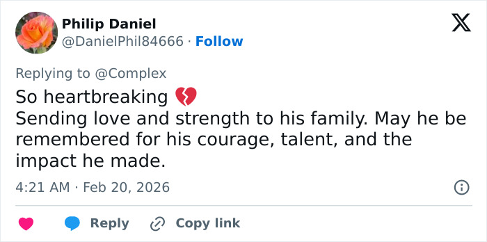 Tweet expressing heartbreak and sending love to Eric Dane’s family after his tragic passing at 53, highlighting his courage and impact.