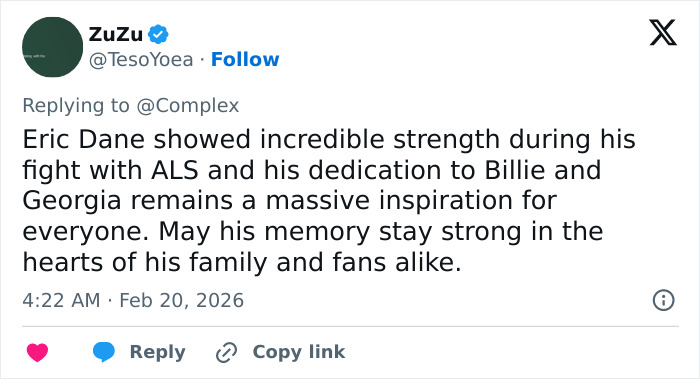 Tweet showing tribute to Eric Dane’s strength during his ALS battle, inspiring fans with his dedication and memory.