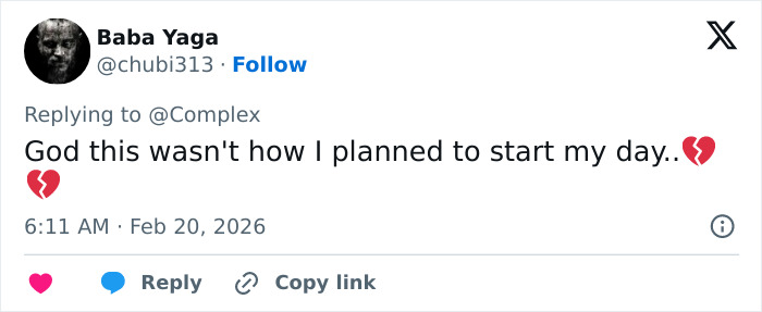 Tweet from Baba Yaga expressing heartbreak over Eric Dane’s last post before his tragic passing at 53.