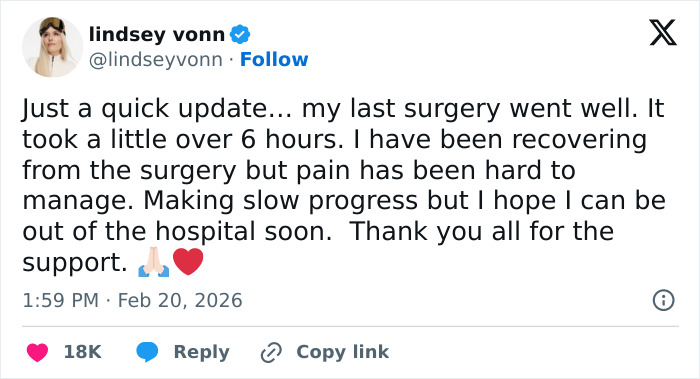 Lindsey Vonn speaks out about recovery and pain following fifth surgery on broken leg, sharing a heartfelt update.
