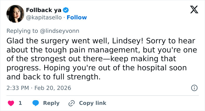 Tweet expressing support for Lindsey Vonn following fifth surgery on broken leg and her difficult recovery process.