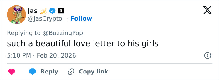 Screenshot of a tweet expressing admiration for Eric Dane's recorded heartbreaking last words to his teenage daughters.