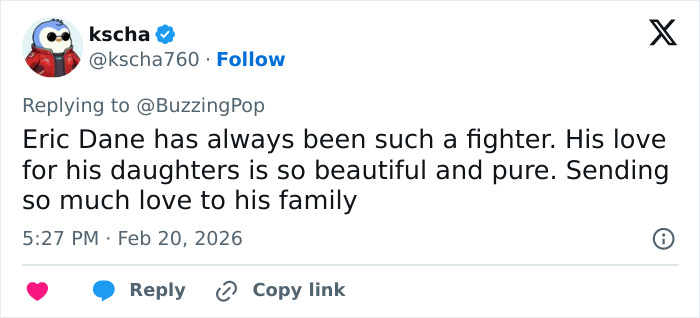 Screenshot of a heartfelt tweet honoring Eric Dane&rsquo;s love for his teenage daughters before his passing.