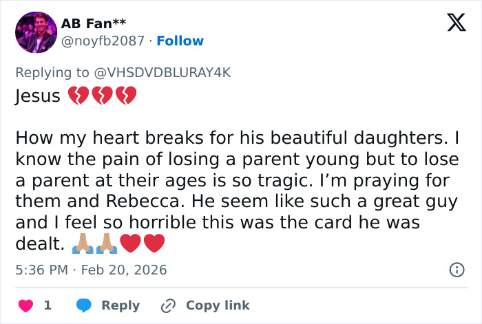 Twitter post expressing heartbreak over Eric Dane&rsquo;s recorded last words for his teenage daughters before his passing.