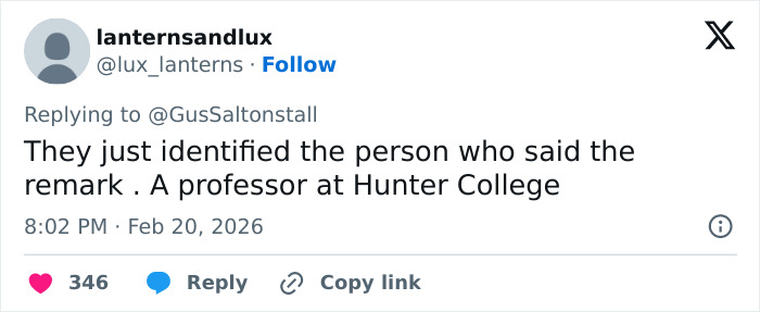 Tweet mentioning a professor at Hunter College linked to a teacher’s abhorrent hot-mic moment sparking outrage.
