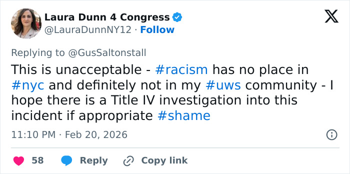 Tweet from verified user Laura Dunn condemning racism, calling for Title IV investigation after teacher's abhorrent hot-mic moment sparks outrage.