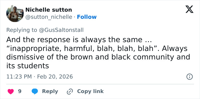 Screenshot of a tweet reacting to teacher’s abhorrent hot-mic moment with criticism of responses from students and community.