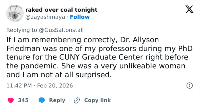 Tweet discussing a teacher's unlikable behavior during PhD tenure at CUNY Graduate Center before the pandemic.
