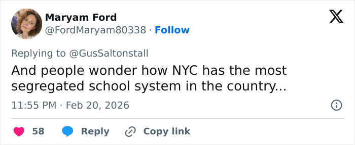 Tweet discussing NYC's school system segregation amid outrage over teacher's abhorrent hot-mic moment shocking students.