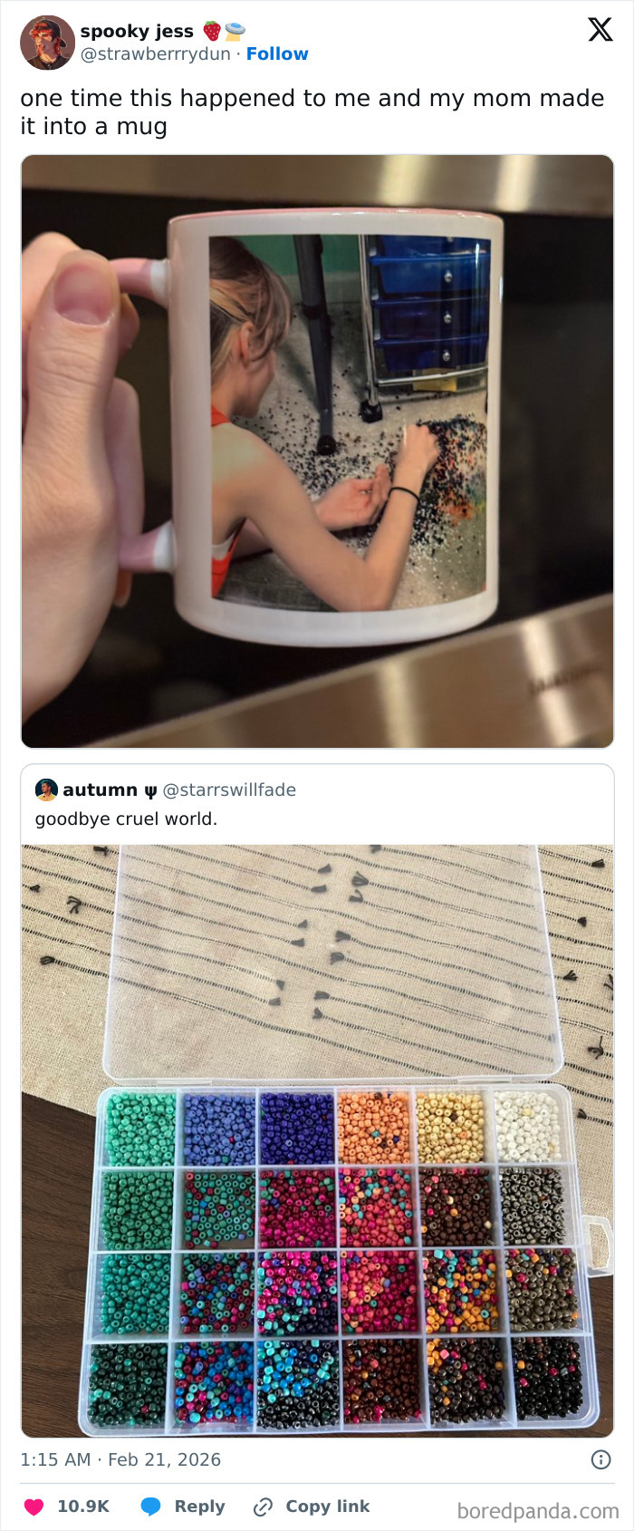 A humorous X post showing a custom mug with spilled beads and an organized bead collection box coping with humor.