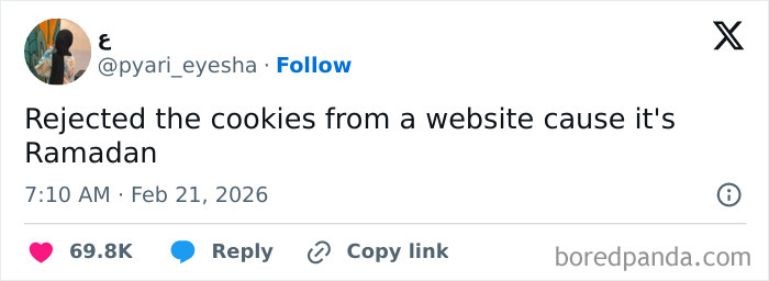 A humorous X post about rejecting website cookies due to Ramadan, showcasing chaotic and hilarious coping humor in February.