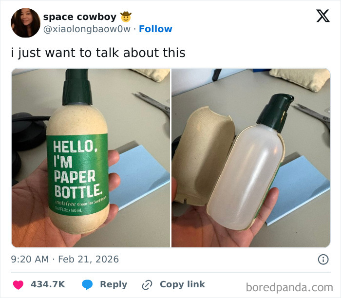 Hand holding an eco-friendly paper bottle with a plastic container inside, showcasing a humorous X post.