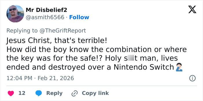 Tweet screenshot showing a user reacting to the adoptive father's slaying linked to the 11-year-old accused boy.