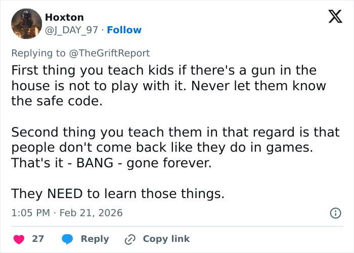 Tweet discussing the importance of teaching kids gun safety amid a heartbroken mom of 11-year-old accused in adoptive father’s slaying.