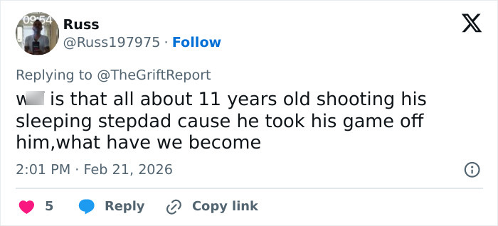 Screenshot of a tweet discussing a shooting involving an 11-year-old and his adoptive father in a tragic family incident.