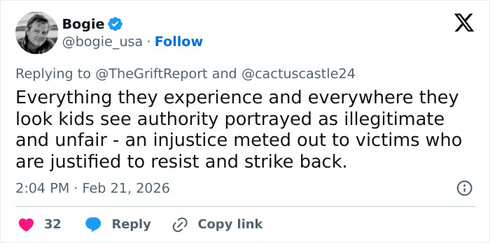 Tweet from Bogie expressing views on kids seeing authority as illegitimate and unfair, related to heartbroken mom of 11-year-old accused in adoptive father slaying.