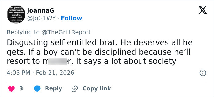 Tweet expressing harsh judgment about an 11-year-old accused in adoptive father’s slaying, reflecting a heartbroken mom’s pain.