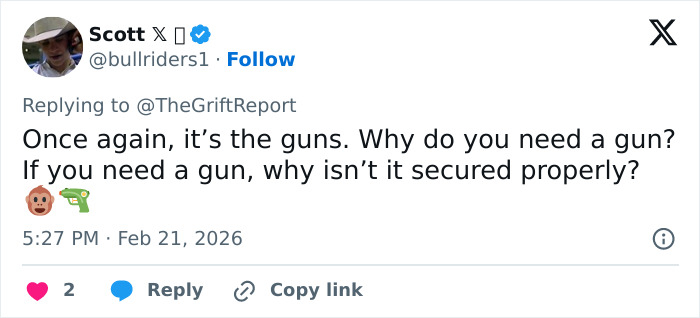 Tweet about gun safety and securing firearms properly, relating to a discussion on guns and accountability.