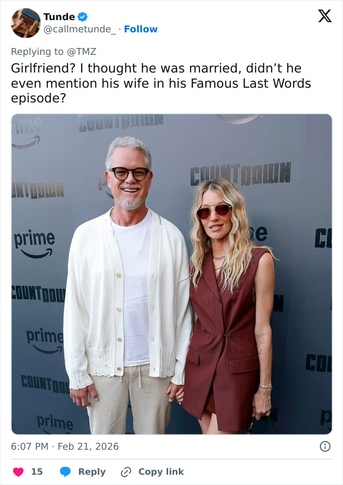 "Eu pensei que ele era casado": Namorada de Eric Dane fala após falecimento do ator