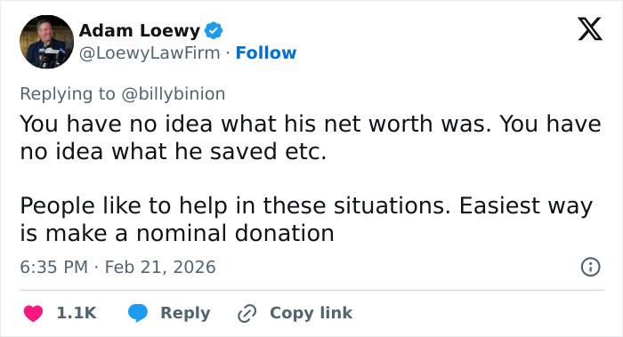 Tweet discussing backlash over GoFundMe for Eric Dane&rsquo;s daughters and comments on rich people asking for money.