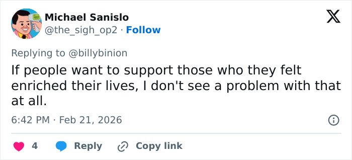 Tweet from Michael Sanislo replying about supporting people who enriched their lives amid GoFundMe backlash for Eric Dane's daughters.