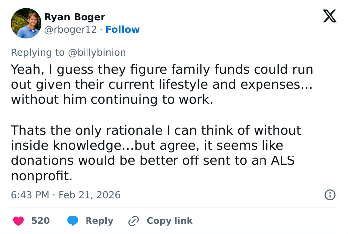 Twitter reply discussing skepticism about GoFundMe for Eric Dane's daughters amid backlash over wealthy people asking for money.