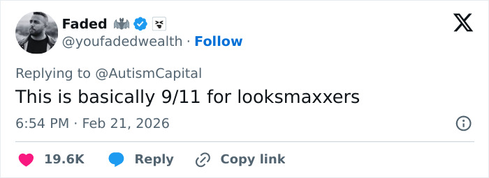 Tweet from influencer Faded commenting on looksmaxxing with 19.6K likes, related to influencer wig snatching incident.