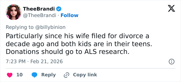 Tweet from TheeBrandi responding to backlash over GoFundMe for Eric Dane's daughters suggesting donations to ALS research instead.