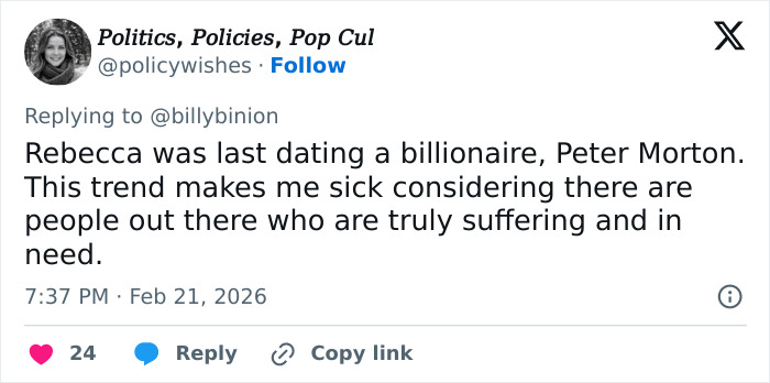 Twitter reply about billionaire dating trend, expressing frustration over GoFundMe for Eric Dane's daughters amid backlash.