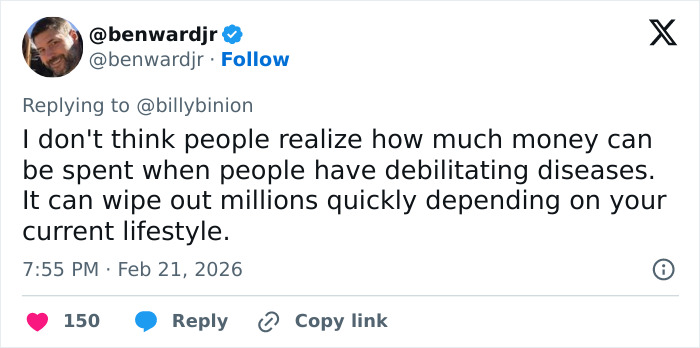 Tweet by @benwardjr discussing the high costs of debilitating diseases amid backlash on GoFundMe for Eric Dane's daughters.