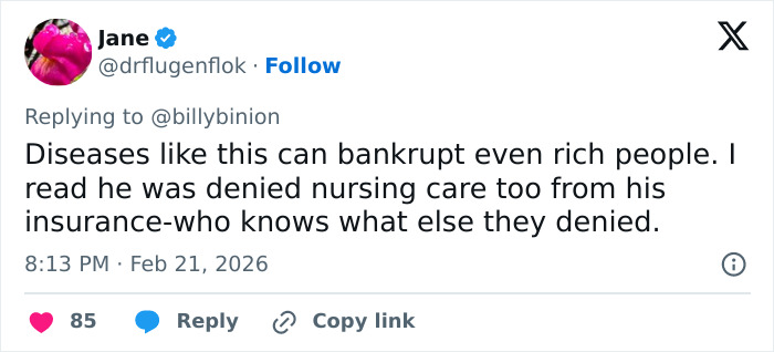 Tweet about diseases bankrupting rich people discussing denied nursing care and insurance issues amid GoFundMe backlash.