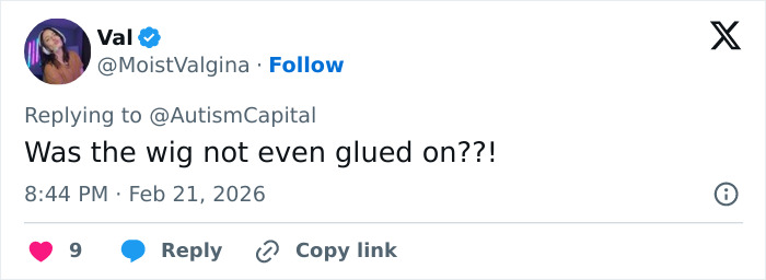 Screenshot of a tweet responding to wig snatching incident, discussing if the wig was glued on during the influencer humiliation.