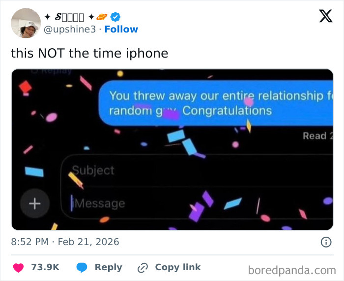 Screenshot of a chaotic and hilarious X post showing a humorous message about relationship breakup with colorful confetti.